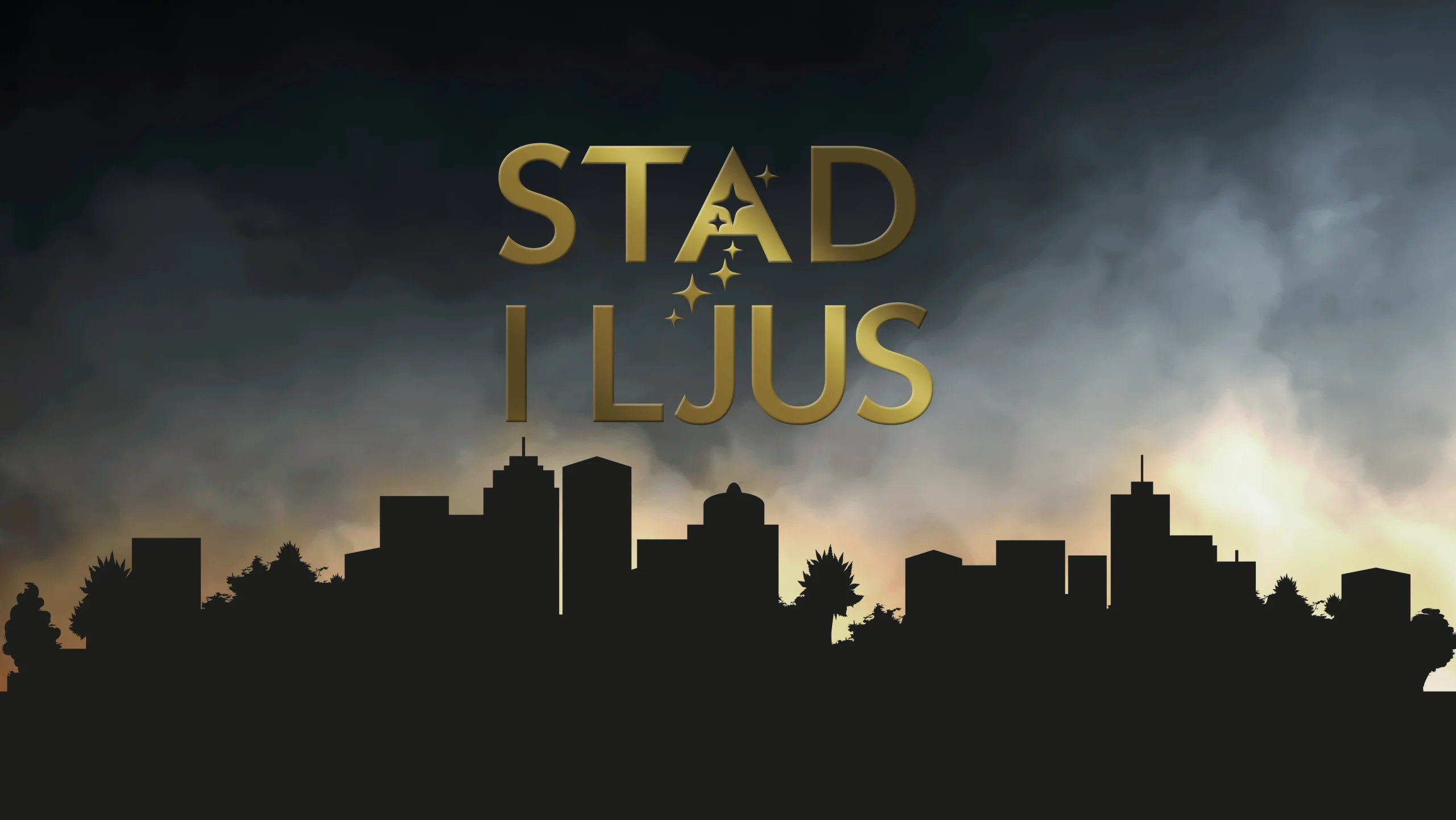 Texten Stad i Ljus över en stadssiluett i gryningen. 